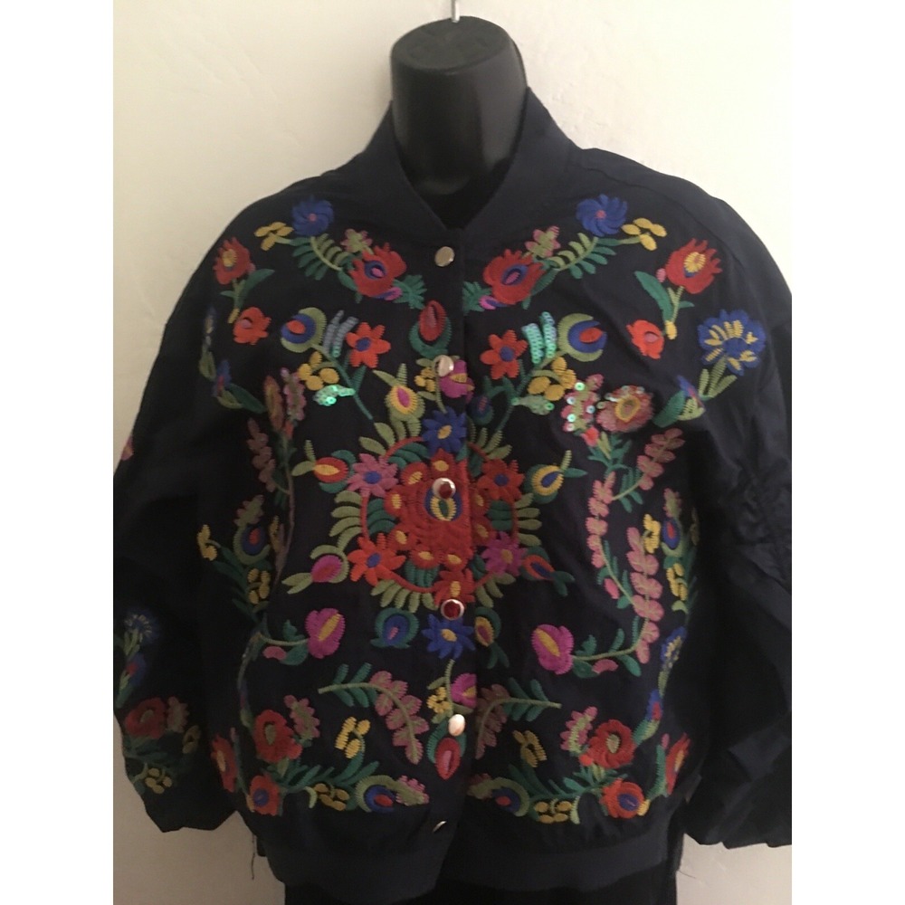 New Anthropologie Hazel Hazel Embroidered navy bomber jacket size M